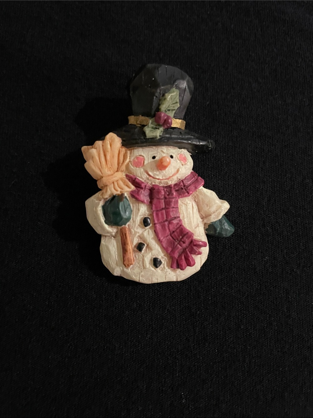 Hand-Painted Snowman Brooch with Top Hat and Broom